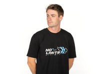 Load image into Gallery viewer, Front view of black &#39;The No Limits&#39; racing shirt with unique Indy patterns and logos.
