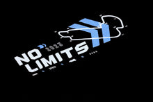 Load image into Gallery viewer, Detailed shot of &#39;The No Limits&#39; black racing t shirt, showcasing the front &quot;No Limits&quot; artwork.
