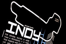 Load image into Gallery viewer, Detailed shot of &#39;The No Limits&#39; black racing t shirt, showcasing Indianapolis Motor Speedway track map.
