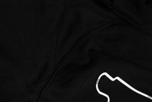 Load image into Gallery viewer, Detailed shot of &#39;The No Limits&#39; black racing hoodie&#39;s back, showcasing fabric of hoodie.
