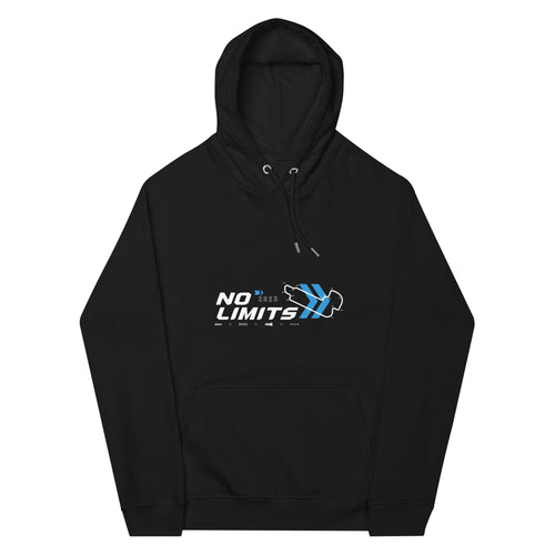 Front view of black 'The No Limits' racing hoodie with unique patterns and logos.